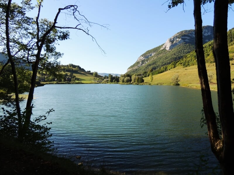 Lac entouré de collines verdoyantes et arbres, avec un ciel bleu clair visible à travers les branches au premier plan.