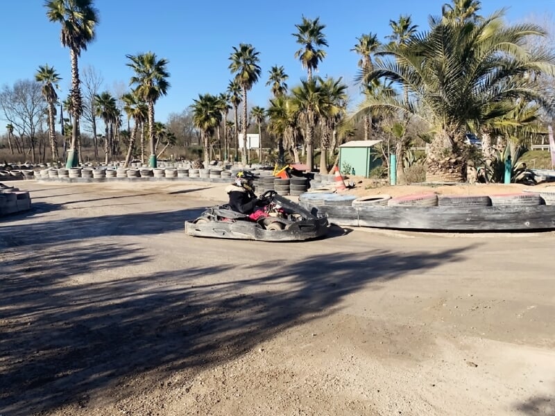 Karting en extérieur sur une piste entourée de palmiers, avec un kart rouge en mouvement sur la piste.