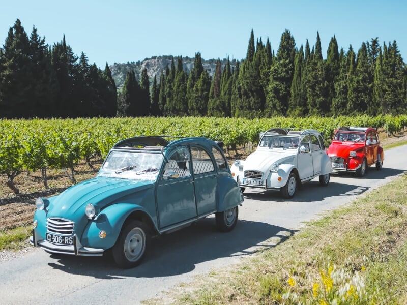 Quatre voitures Citroën 2CV colorées alignées sur une route bordée de vignes sous un ciel bleu.