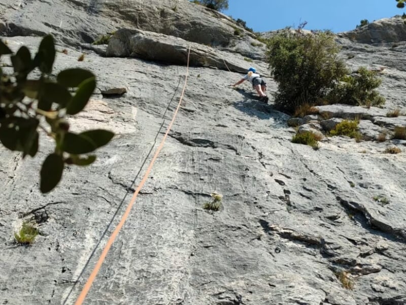 Escalade de paroi, grimpeur en action sur une paroi rocheuse avec corde de sécurité, végétation et ciel bleu visible.