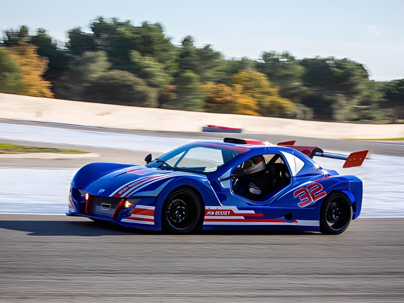 Voiture de course bleue avec bandes rouges et blanches sur circuit, en pleine vitesse avec pilote à bord.