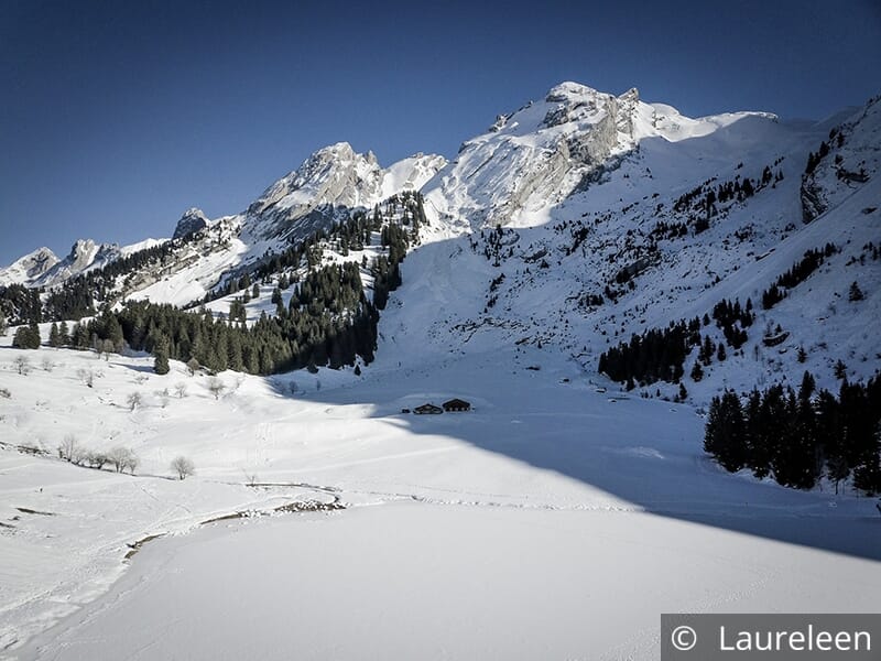 Paysage de montagne enneigé avec une vallée et des chalets au loin.