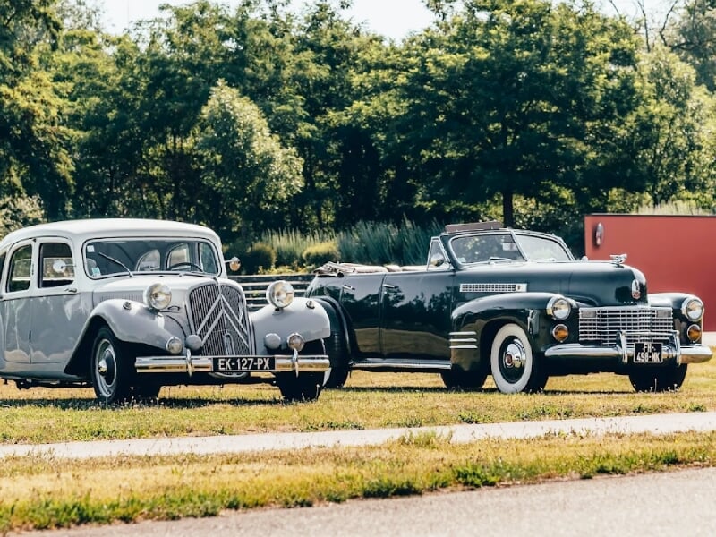 Deux voitures anciennes, une grise et une noire, stationnées sur une pelouse verte sous un ciel bleu clair.