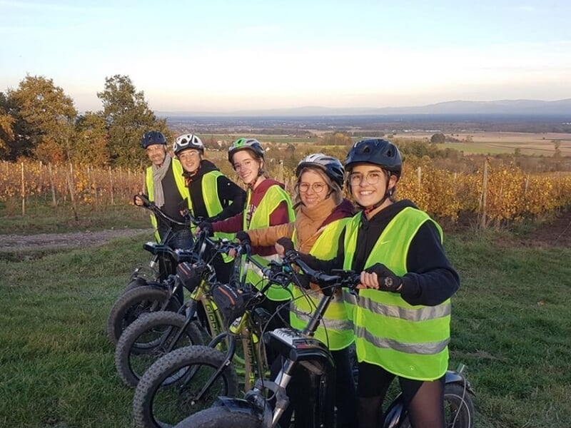 5 personnes en trottinette électrique devant un beau paysage.