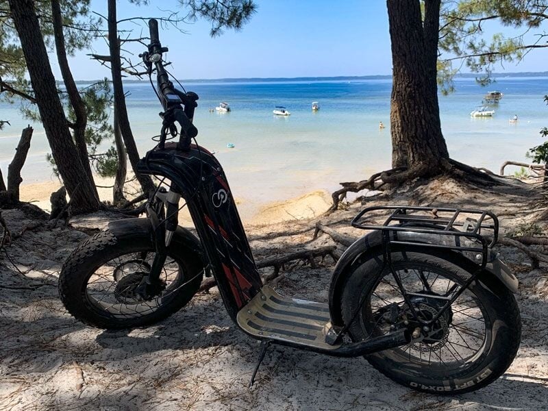 Trottinette électrique noire garée sur un sol sablonneux sous des pins, avec vue sur la mer et des bateaux au loin.