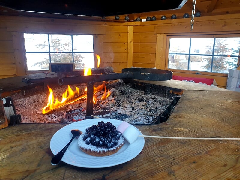 Un intérieur de cabane en bois rustique avec un feu ouvert et un dessert traditionnel garni de baies, invitant à un moment de confort hivernal