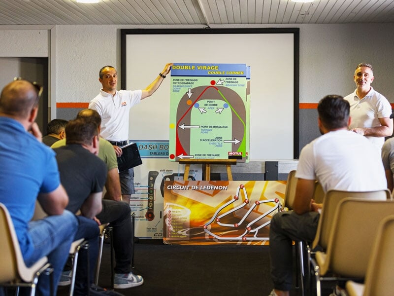 Séance théorique dans une salle de formation avec un instructeur présentant un tableau pédagogique sur les trajectoires et virages, public attentif en arrière-plan