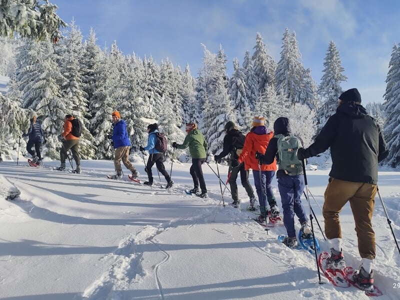 Groupe de personnes en randonnée raquettes