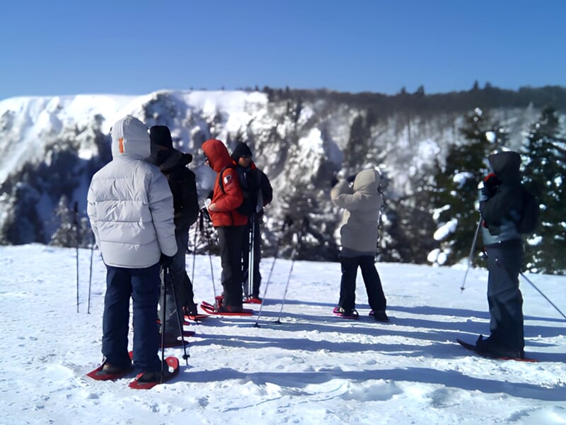 des randonneurs en raquettes à neige font une pause devant une vallée enneigée