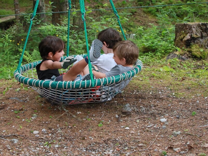 trois enfants profitant d'une attraction dans un accrobranche