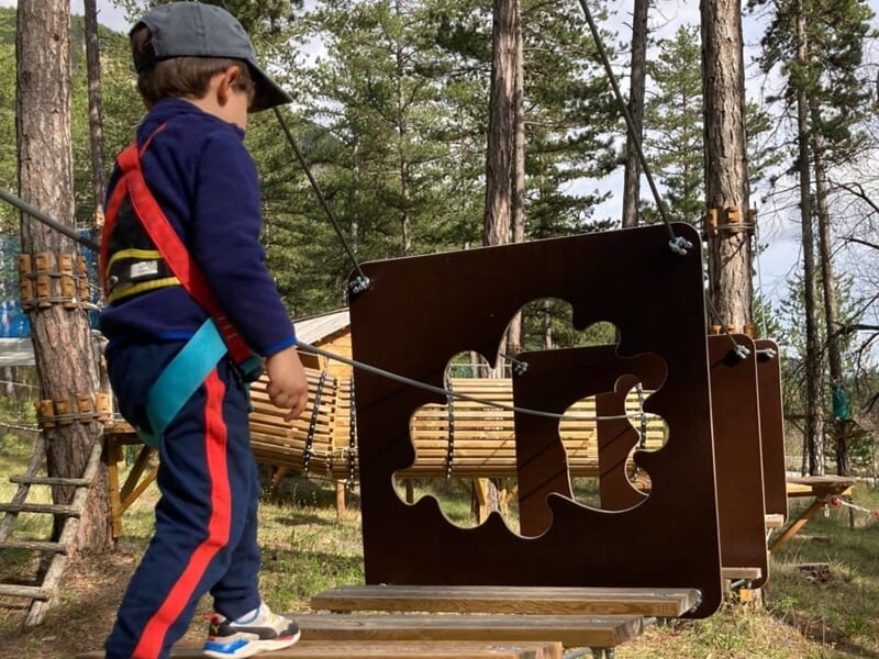 jeune enfant découvrant un parcours d'accrobranche en forêt