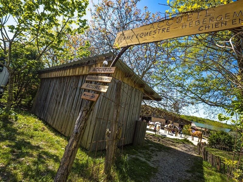 Entrée d'un centre équestre avec un panneau en bois indiquant l'accueil et les hébergements pour chevaux.