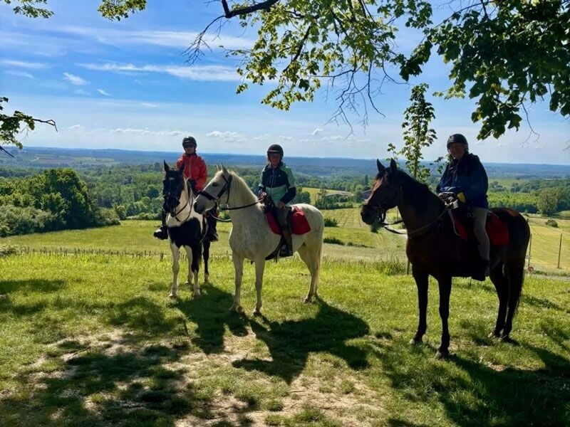 Quatre cavaliers à cheval posant à l'ombre d'un arbre avec un paysage vallonné en arrière-plan.