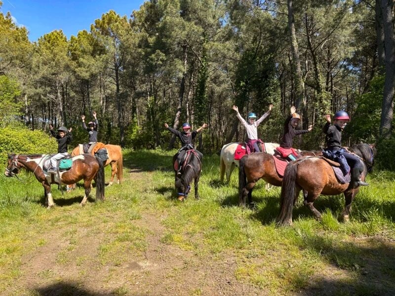 Groupe de cavaliers en forêt, certains levant les bras en signe de joie lors d'une balade équestre.