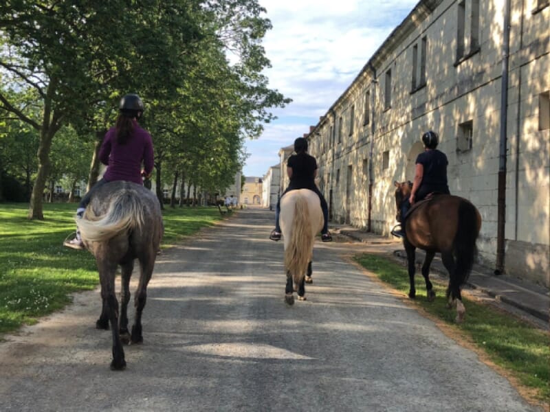 Trois cavaliers sur une allée bordée d'arbres et de bâtiments anciens. Une femme en pull violet et casque monte un cheval gris, suivie par une personne en noir sur un cheval blanc crème et une autre s