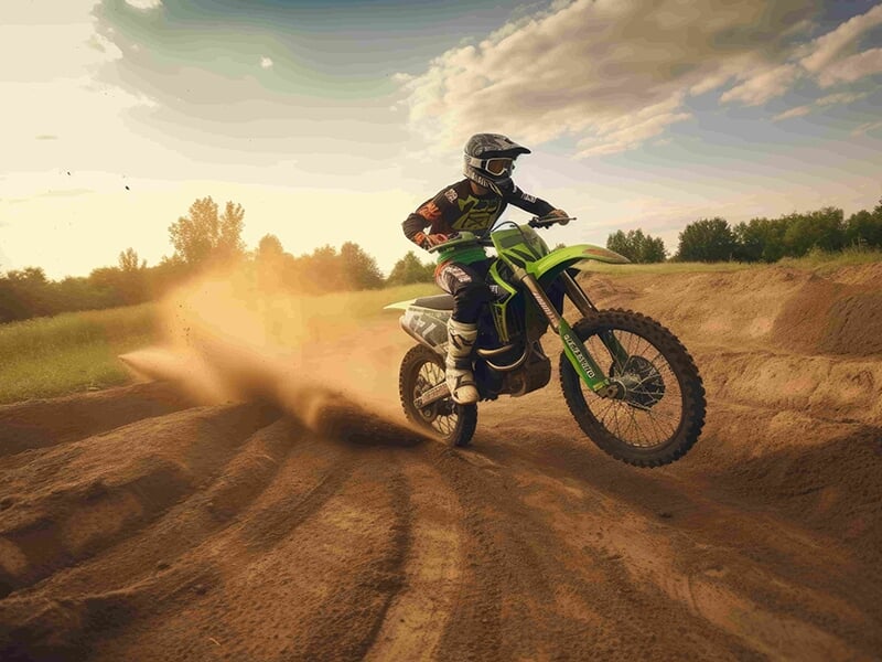 Motard sur une moto-cross puissante faisant une roue avant qui soulève de la terre sur une piste d'enduro