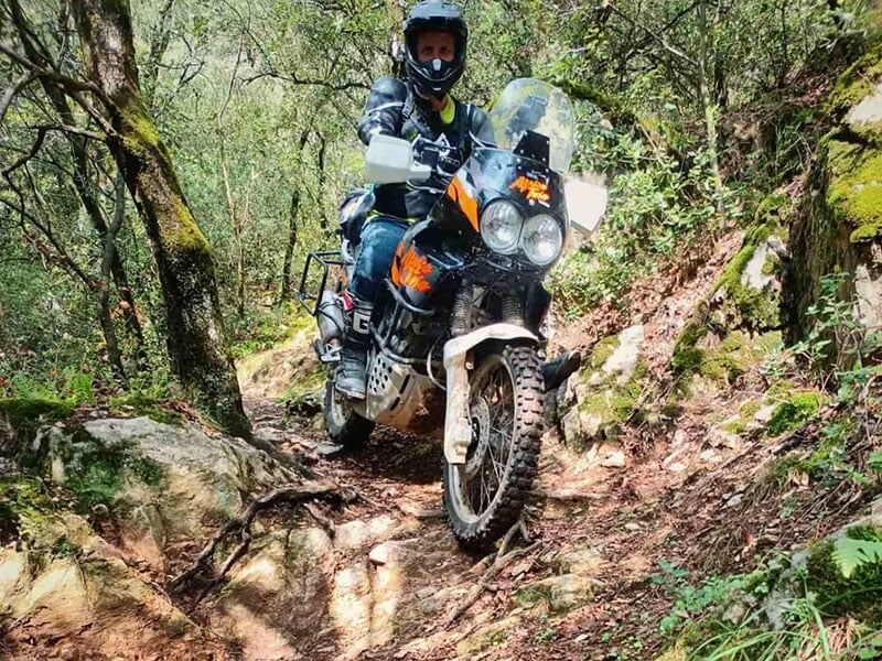 Moto de piste en train de franchir un obstacle sur un terrain accidenté en forêt