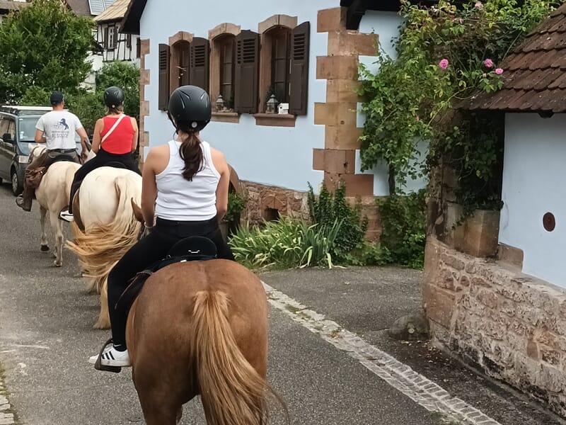 Cavaliers casqués montant trois chevaux dans une rue étroite bordée de maisons alsaciennes aux murs bleus et volets marron.