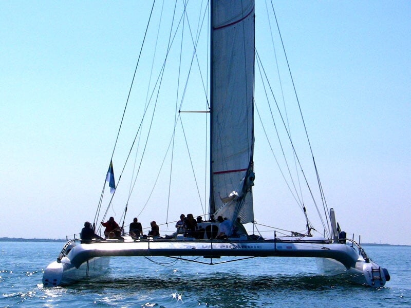 Voilier en pleine mer avec des personnes à bord, profitant d'une journée ensoleillée. La grande voile blanche et le ciel bleu dégagé créent une ambiance sereine