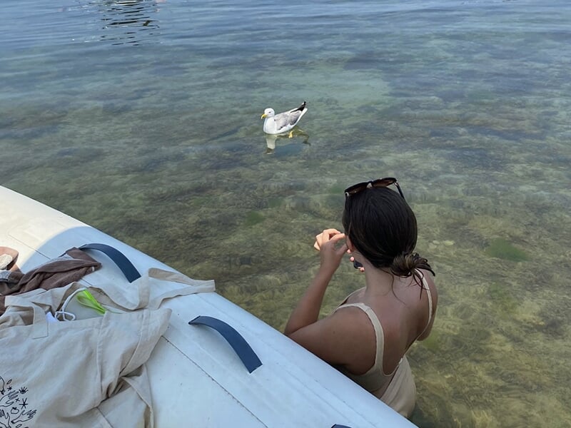 Jeune femme en maillot de bain regardant une mouette poser à la surface de la mer