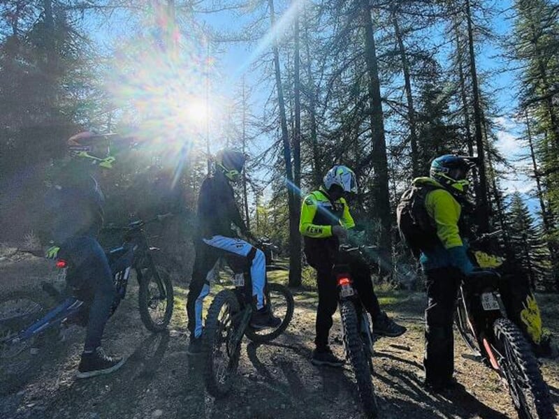 Un groupe de motards fait une pause en pleine forêt par une belle journée ensoleillée