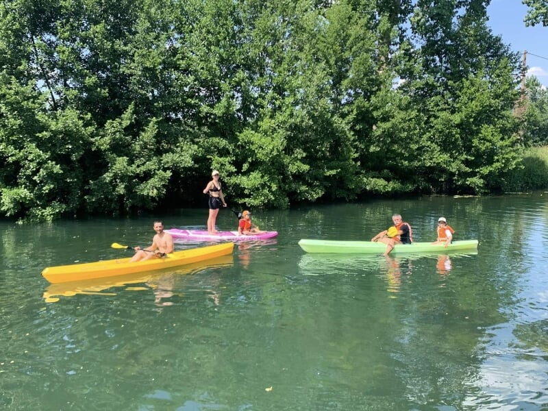 Groupe de personnes en kayak et paddle sur une rivière bordée de grands arbres verts, profitant d'une journée ensoleillée.