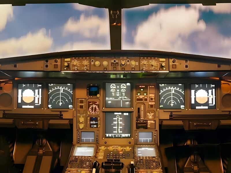 Cockpit d'avion avec plusieurs écrans et instruments affichant des données de vol, ciel nuageux visible à l'extérieur.