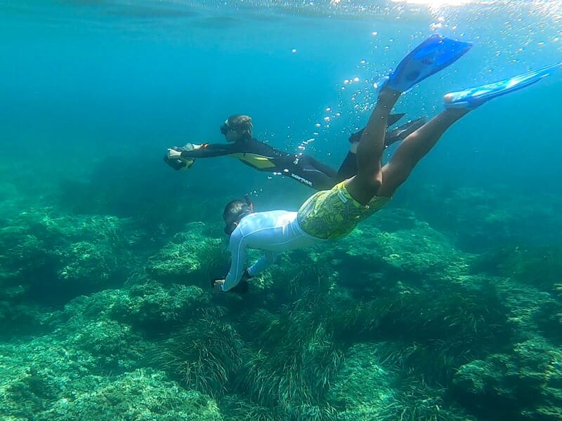 Deux plongeurs avec palmes nagent au-dessus d'un fond marin rocheux et végétal dans une eau turquoise claire.