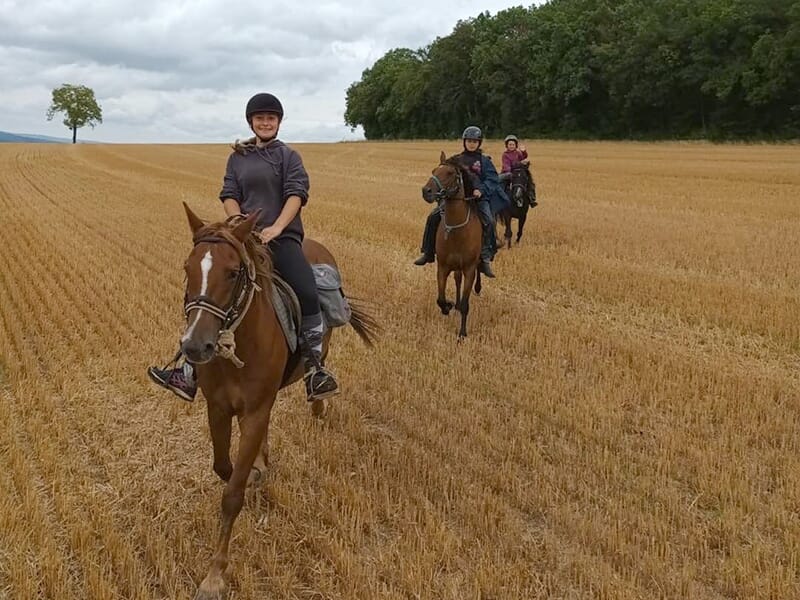 Un groupe de cavaliers traversent un champ moissoné en pleine campagne