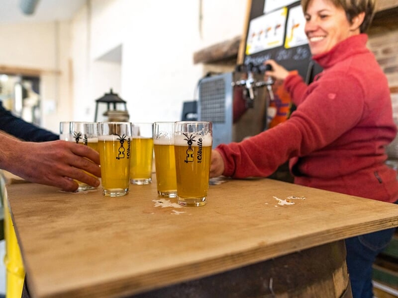 Une femme souriante sert des bières locales dans une brasserie du marais Poitevin