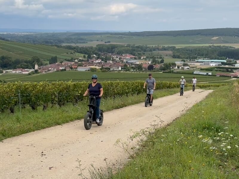 Groupe de personne en trottinette électrique au milieu des vignes