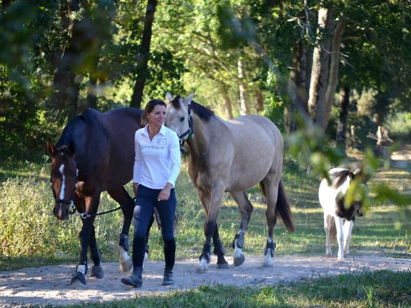 Cavalière marchant à côté de deux cheveaux sur un chemin