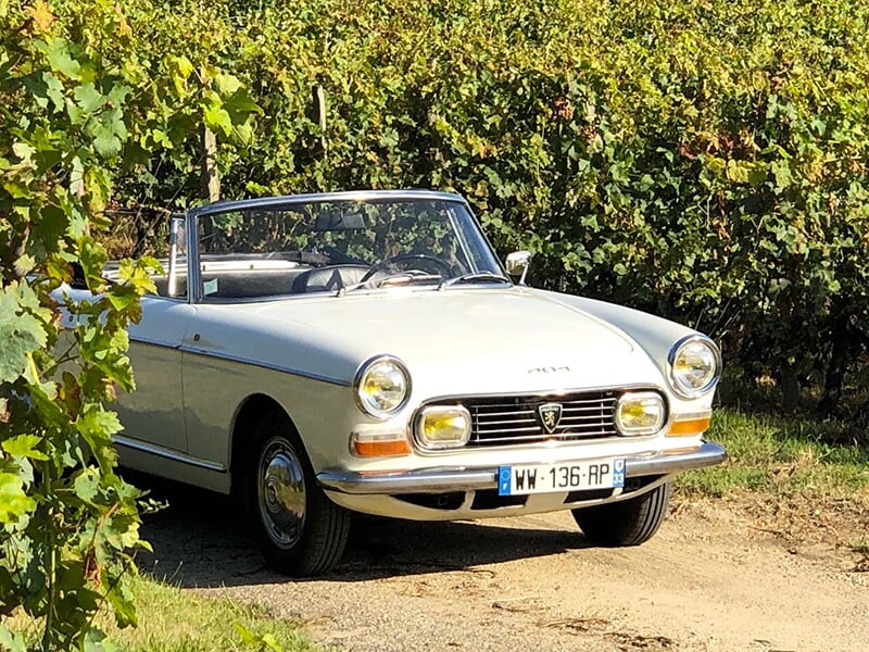 Voiture blanche décapotable ancienne stationnée au milieu des vignes verdoyantes sous un ciel ensoleillé.