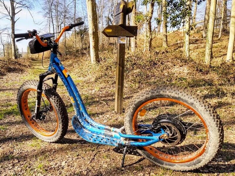 Trottinette électrique stationnée sur un chemin forestier avec un panneau directionnel en bois en arrière-plan.
