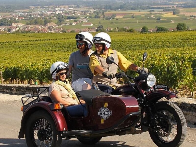 Une moto rétro avec un side-car dans une région viticole, offrant une vue panoramique sur les vignes et des villages au loin.