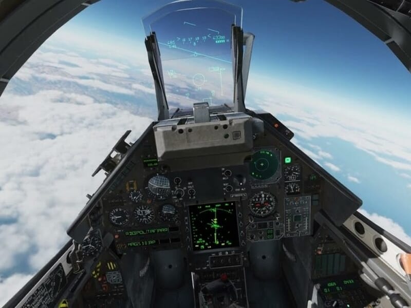 Image issue d'un simulateur de vol en avion de chasse depuis le cockpit