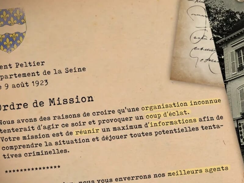 Lettre fictive de mission datée de 1923, adressée à un agent pour déjouer une menace criminelle, avec des mots-clés surlignés.