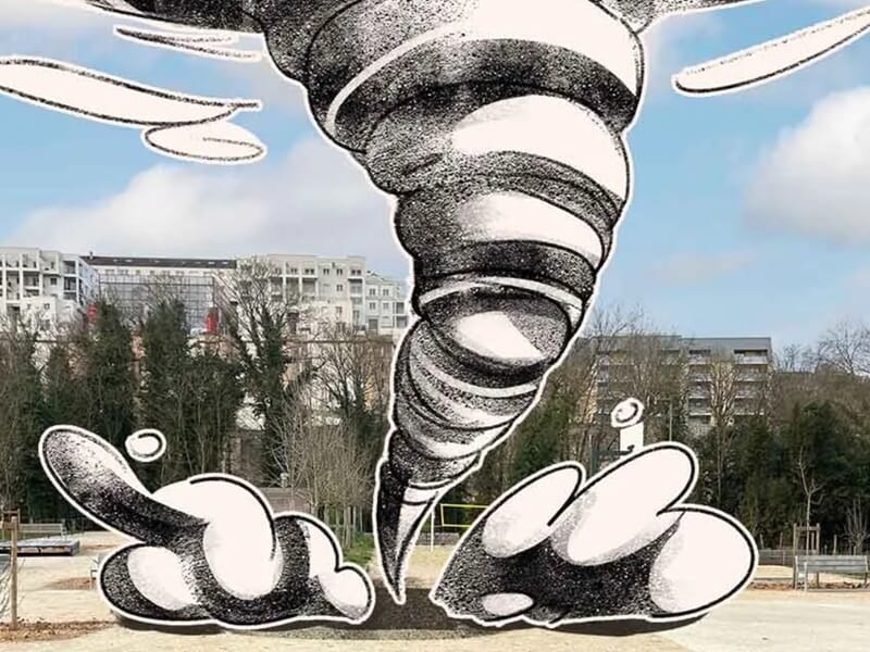Illustration d'une tornade noire et blanche dessinée numériquement au centre d’un parc urbain avec des immeubles en arrière-plan.
