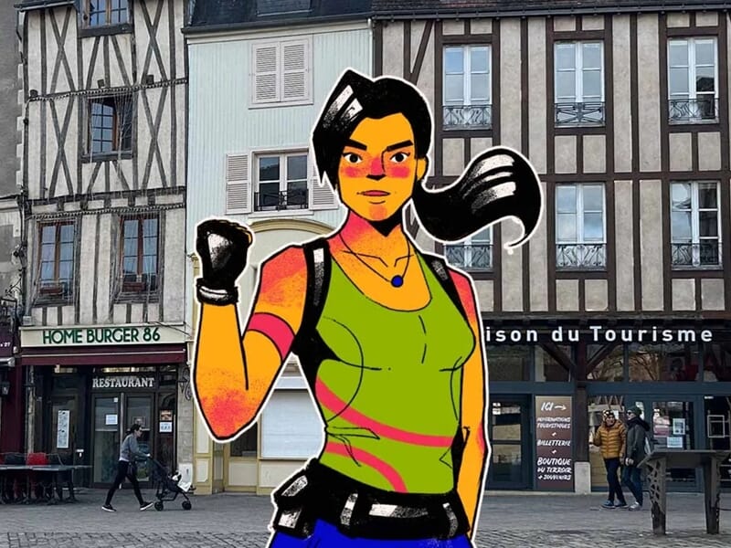 Personnage féminin illustré façon comics, poing levé, superposé à une place avec maisons à colombages et Office du Tourisme.