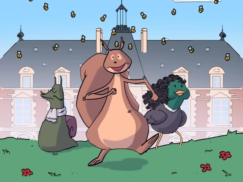 Illustration de trois animaux anthropomorphes dansants devant un château, sous un ciel bleu avec des abeilles.