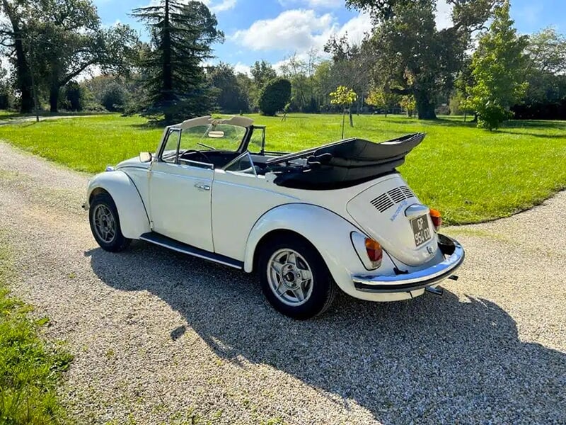 Vue latérale d'une Volkswagen Coccinelle décapotable blanche dans un cadre verdoyant.