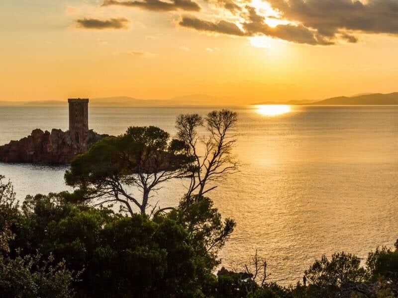 Tour médiévale sur une petite île rocheuse, vue depuis la côte avec arbres et coucher de soleil doré.