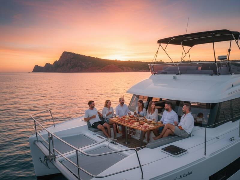 Groupe d'amis partageant un repas convivial sur le pont arrière d'un bateau au coucher du soleil, lors d'un croisère en catamaran à Sainte-Maxime.