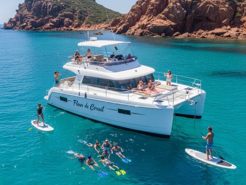 Catamaran blanc ancré dans une eau turquoise, avec plusieurs personnes sur le bateau et dans l'eau en train de nager, lors d'une croisière à Saint-Raphaël.