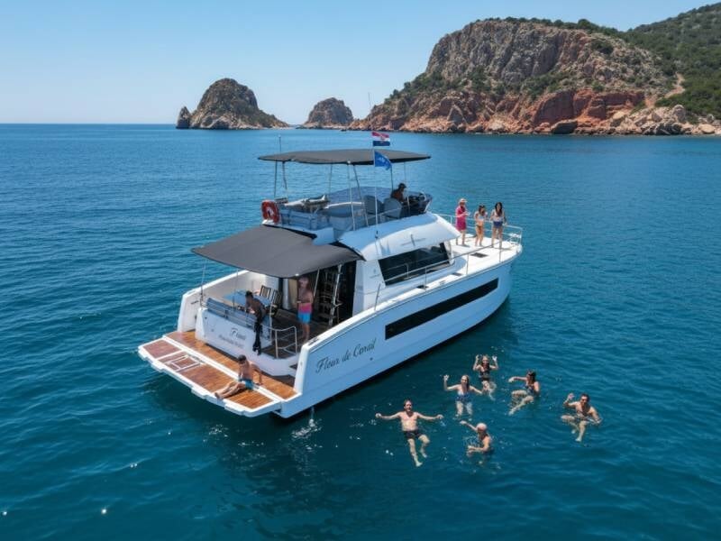 Vue arrière d'un catamaran blanc avec des personnes sur le pont et dans l'eau, entouré de falaises rouges et mer bleue, lors d'une croisière au départ de Fréjus.