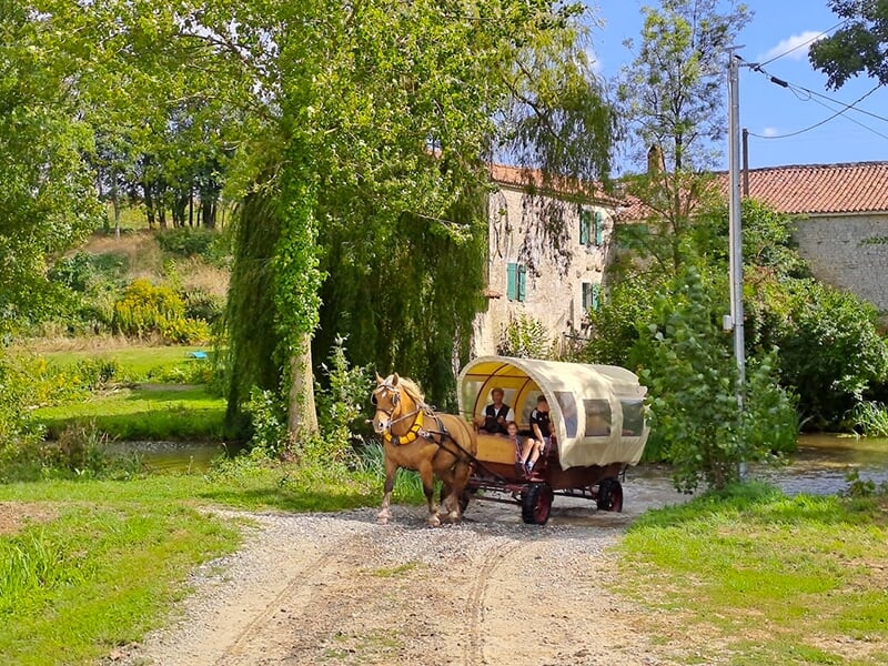 Une calèche tirée par un cheval avance sur un chemin rural près d'une maison en pierre entourée de verdure.