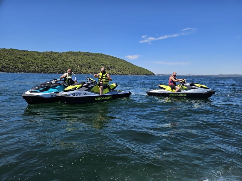 Un groupe de trois personnes en jet-ski avec en fond la côte et de la végétation