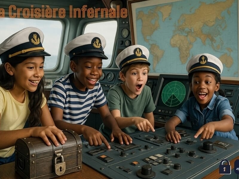 Groupe d'enfant avec casquettes de capitaine de navire en train de faire un escape game sur le thème de la croisière