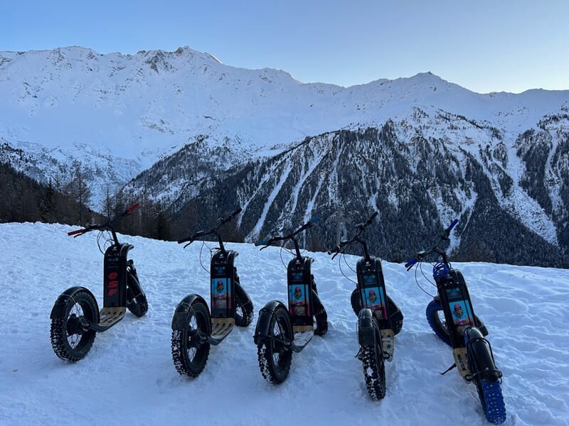 Plusieurs trottinettes électriques dans un paysage de montagnes enneigées