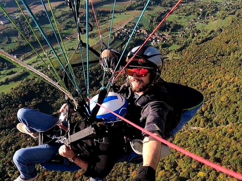 Deux personnes en tandem faisant du parapente et vues du dessus